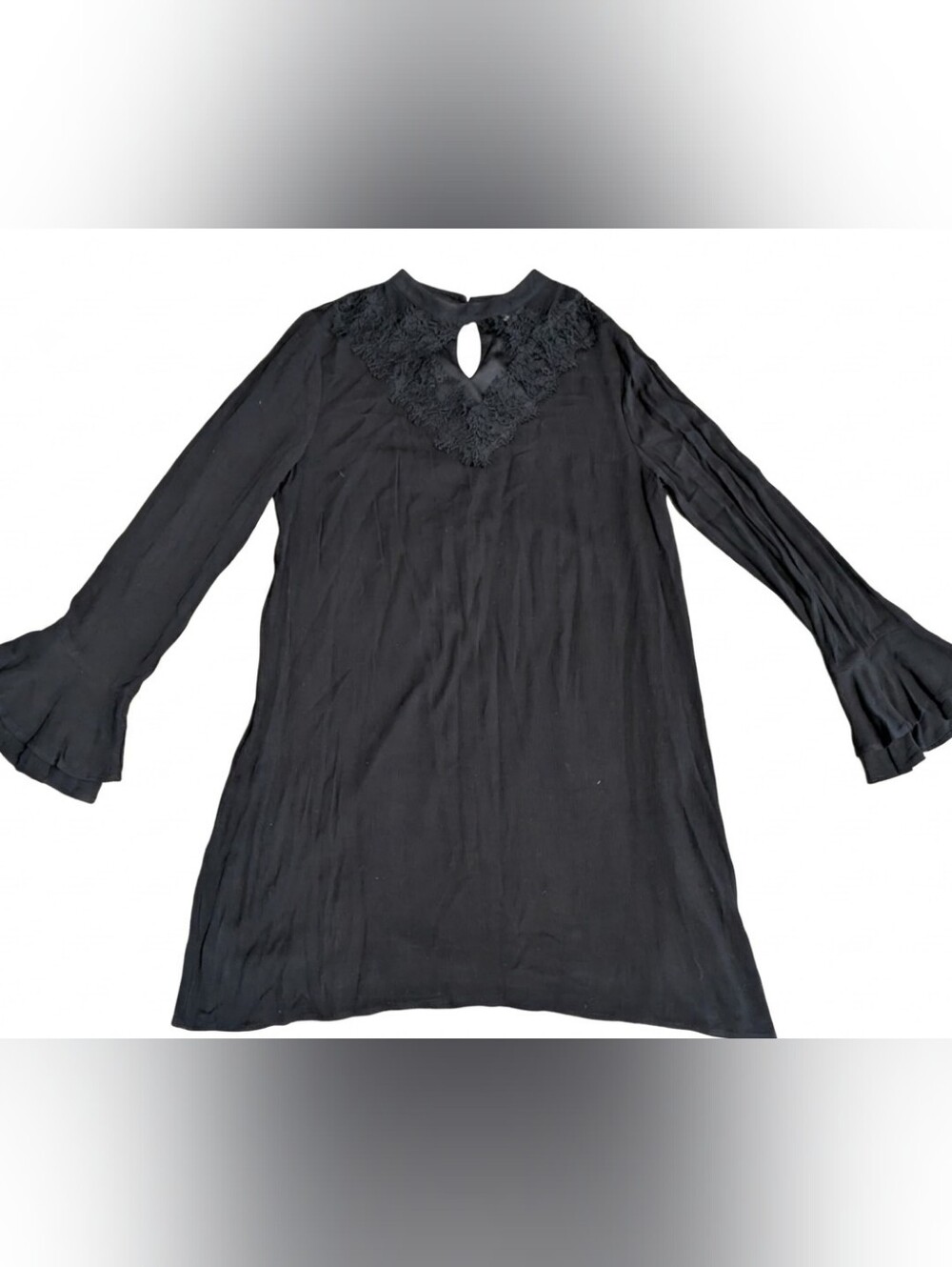 JODIFL Black Lace Cutout Keyhole Bell Sleeve Tunic Shift Dress L Whimsigoth Boho